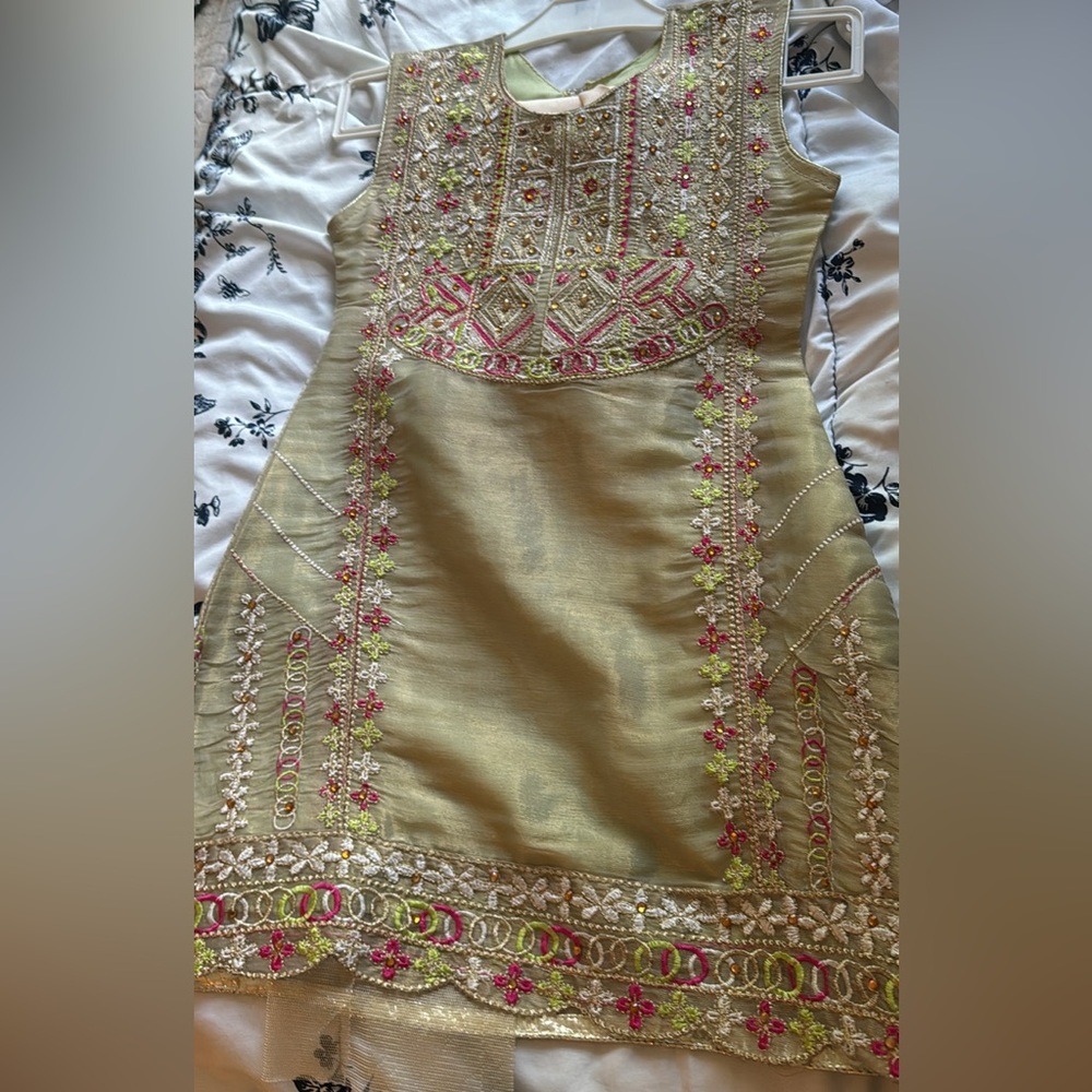 Eid sale***Embroidered Sleeveless Dress - Green and Pink